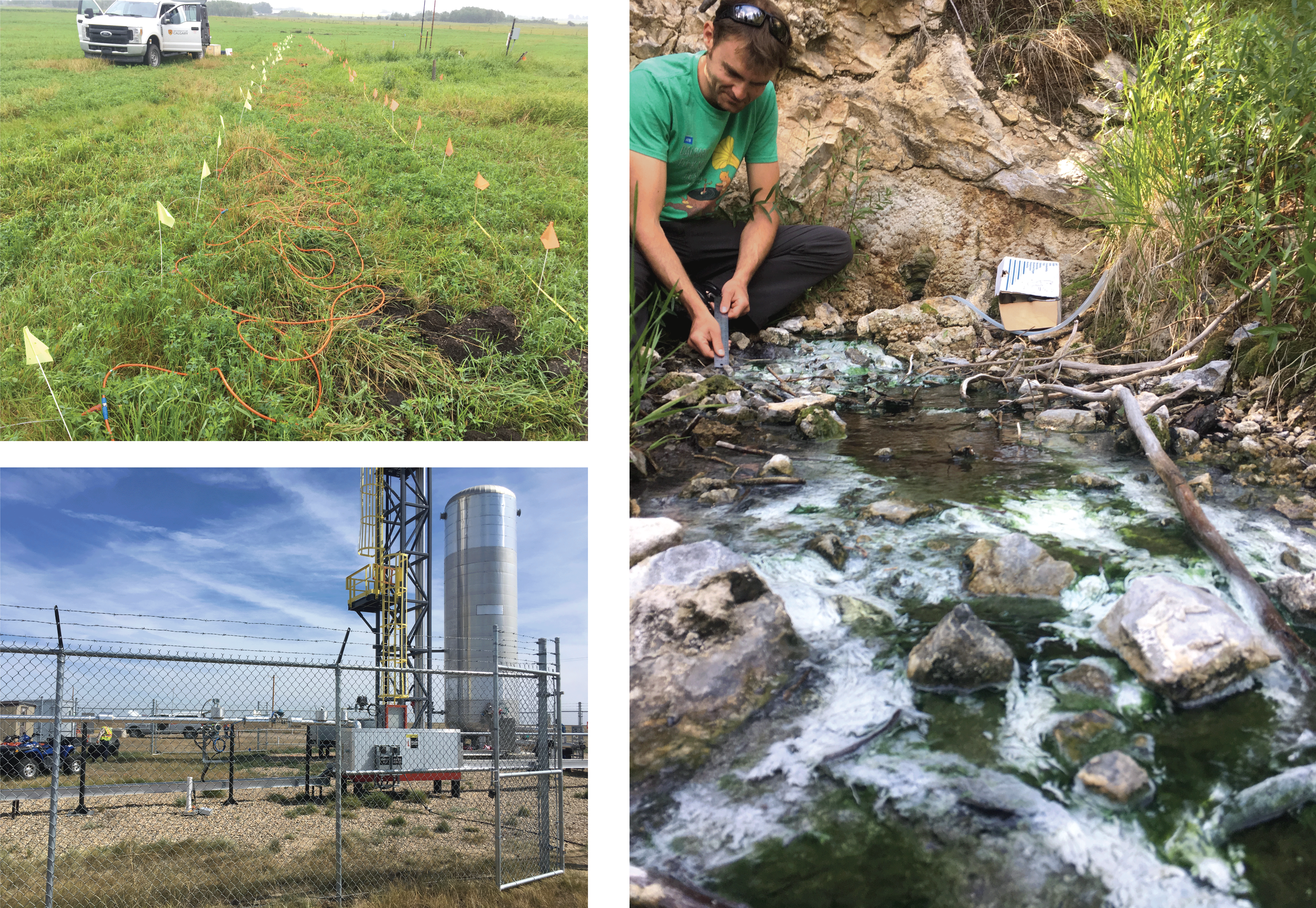 Upperleft: ERT lines collected to image soap hole plumbing. Lowerleft: CO2 injection site near Brooks, AB where U Calgary runs its geophysics field school. Right: PhD student Tom Wilson sampling geothermal water in Banff National Park. The white stuff is algea!